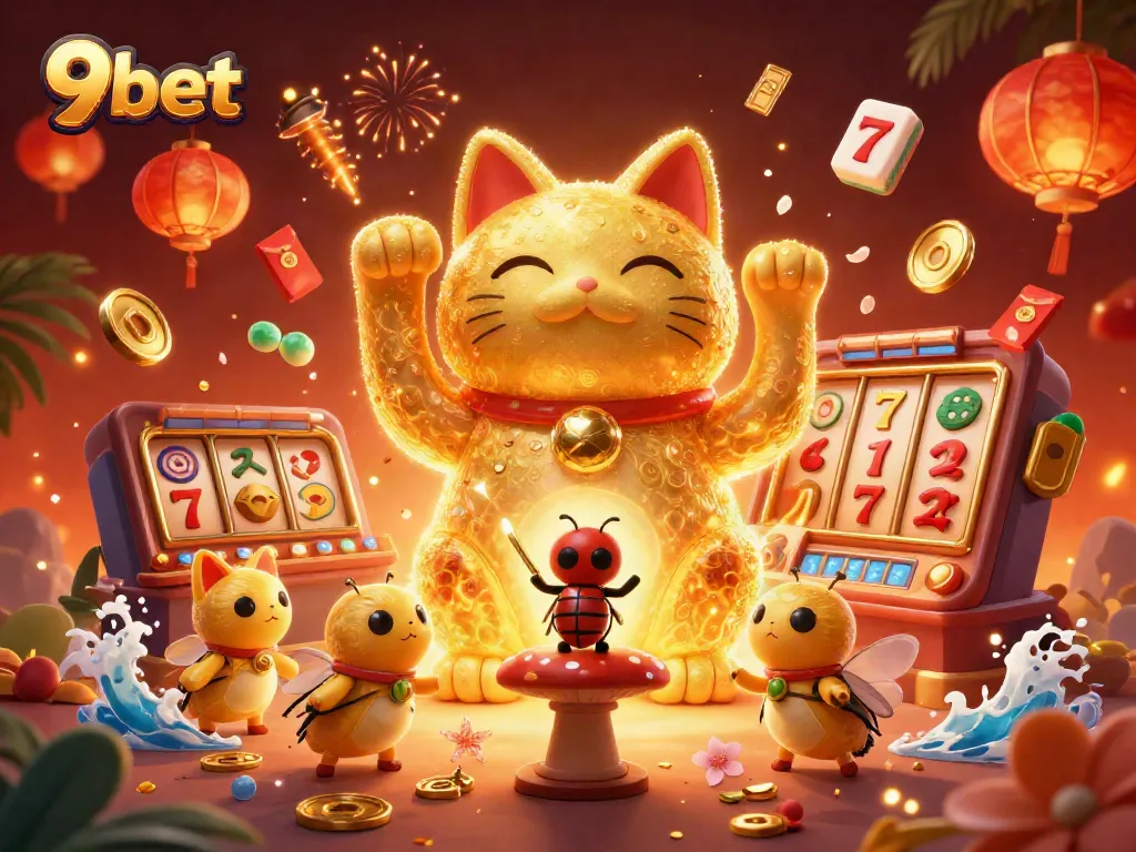 Experience the thrill of winning at 9bet with a vibrant 3D lucky cat scene filled with casino symbols.