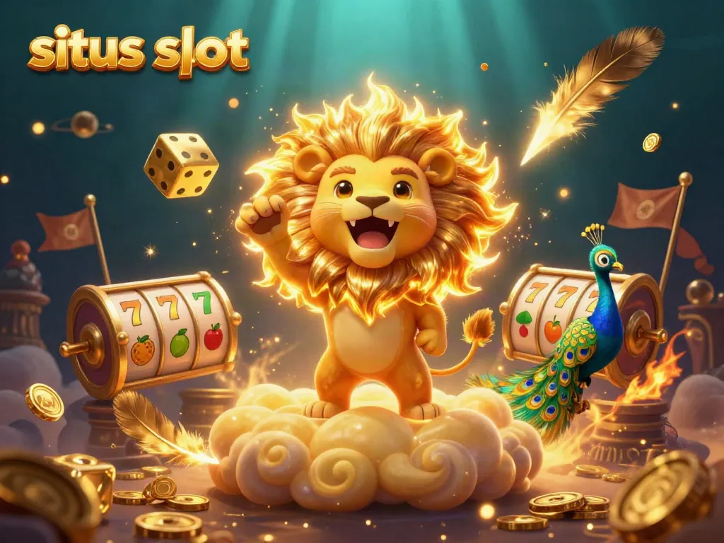 Experience the excitement of situs slot with spinning reels, a roaring lion, and vibrant casino elements.