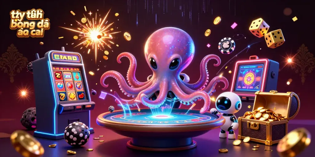 Engaging scene depicting a dynamic alien octopus at a floating poker table, illustrating tỷ lệ bóng đá nhà cái in a lively casino atmosphere.
