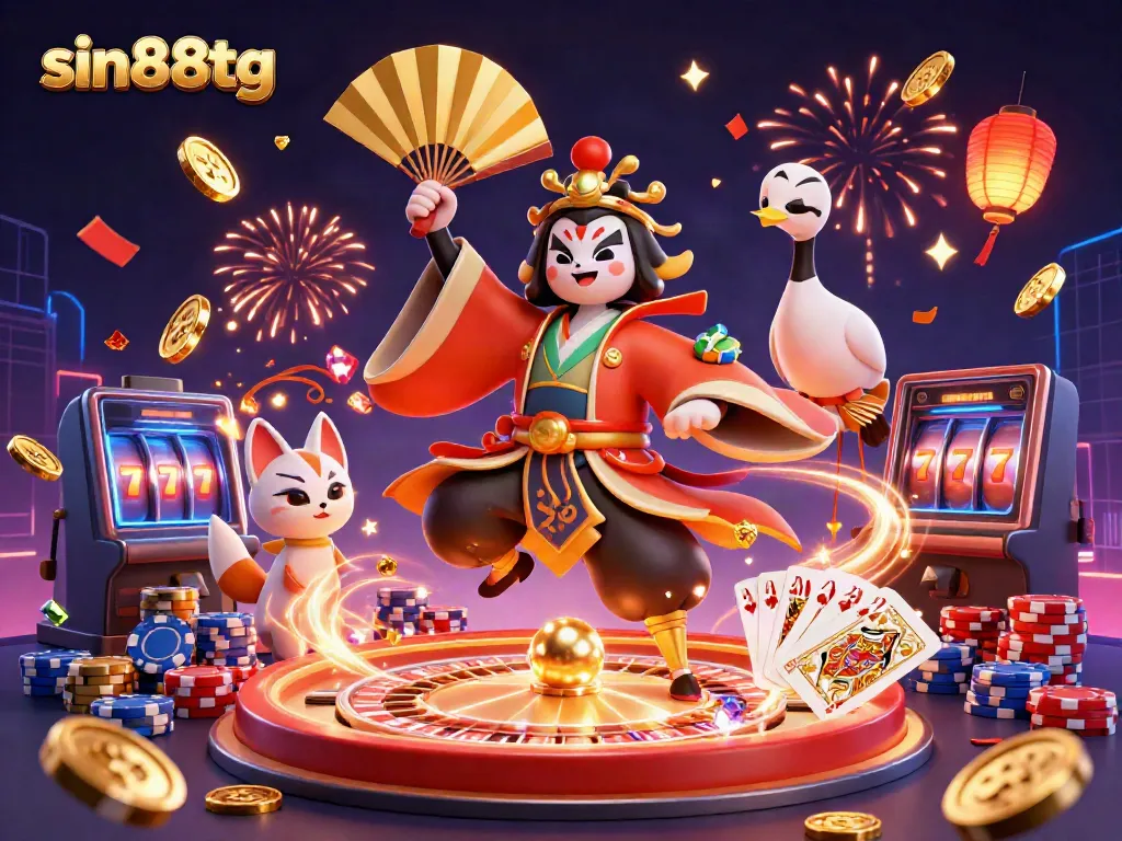 Win big at sin88tg with 3D kabuki warrior and vibrant casino elements in a captivating scene.