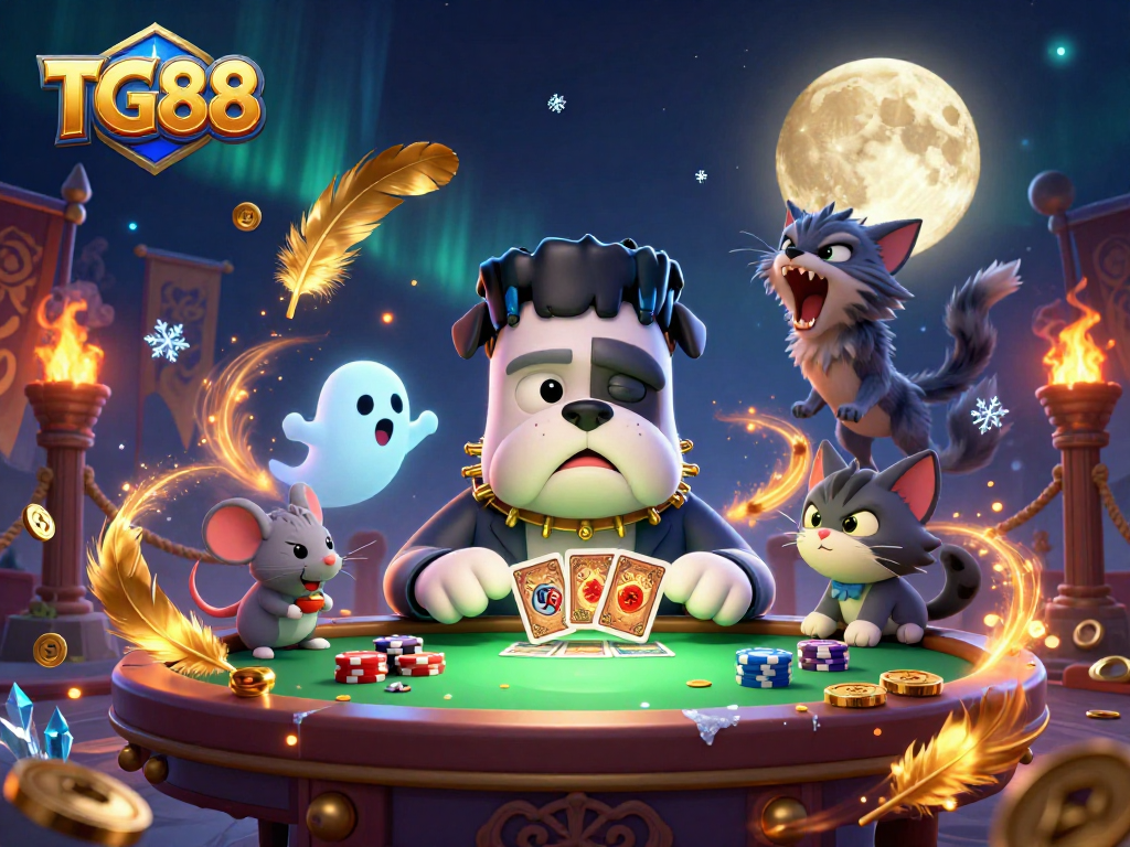 Experience thrilling gameplay at TG88 with a colorful casino scene featuring unique characters and game elements.