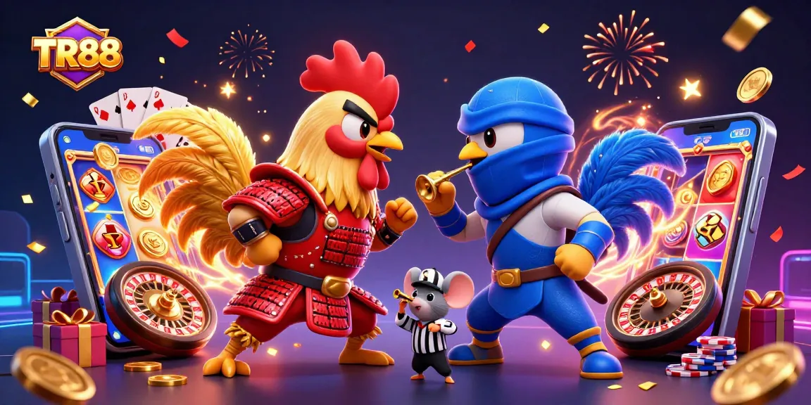 Engage in the excitement of TR88 with animated roosters, colorful slot games, and dynamic casino elements.