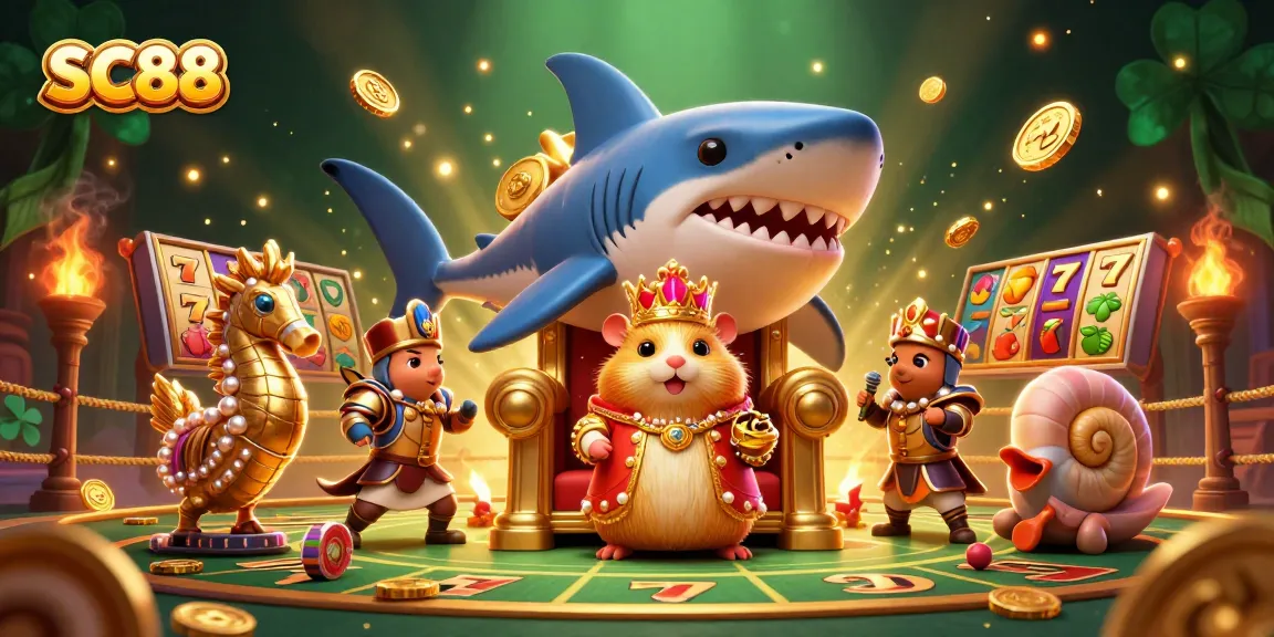 Engage in SC88 gaming with a vibrant illustration of a hamster king ruling a casino arena.