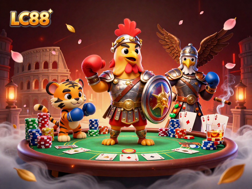 Experience the excitement of LC88, where 3D cartoon gladiator characters and festive poker elements converge in vibrant action.