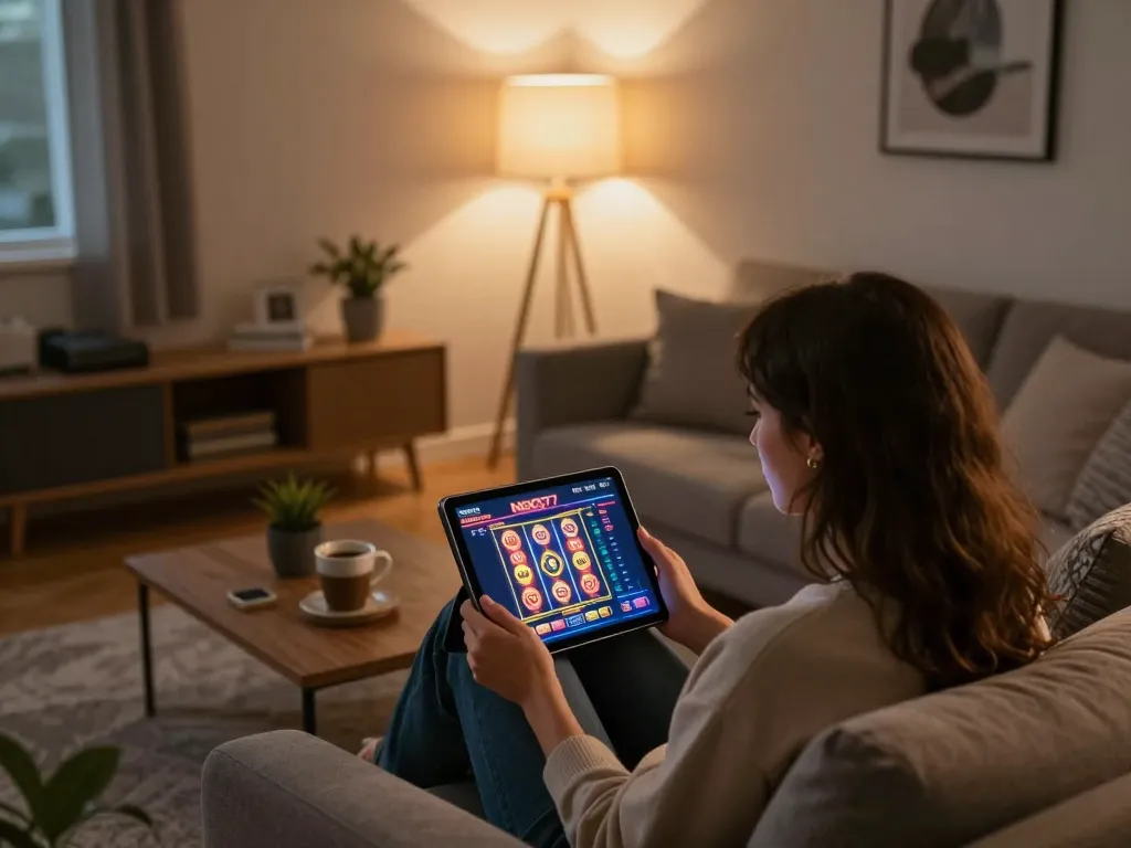 Engaging tablet gameplay on NEGO77 for online slots in a cozy home setting.