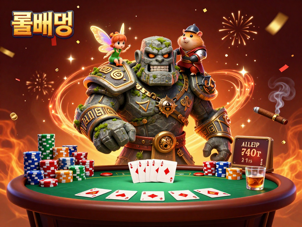 Engage with 롤배팅 featuring ancient golem and magical fairy amid casino elements.