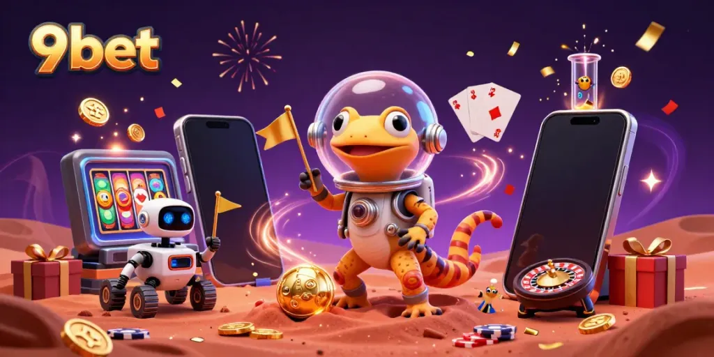 Experience the thrilling world of 9bet with a Martian gecko discovering a golden casino amidst excitement and rewards.