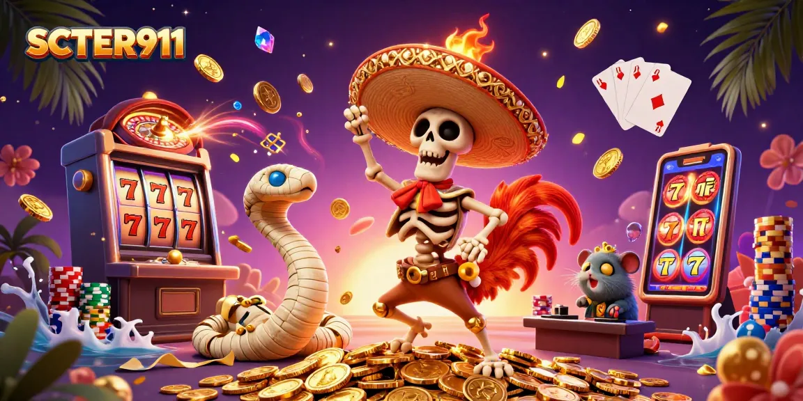 Spin to win with SCATTER911 in a vibrant casino scene filled with fun characters and exciting slots.