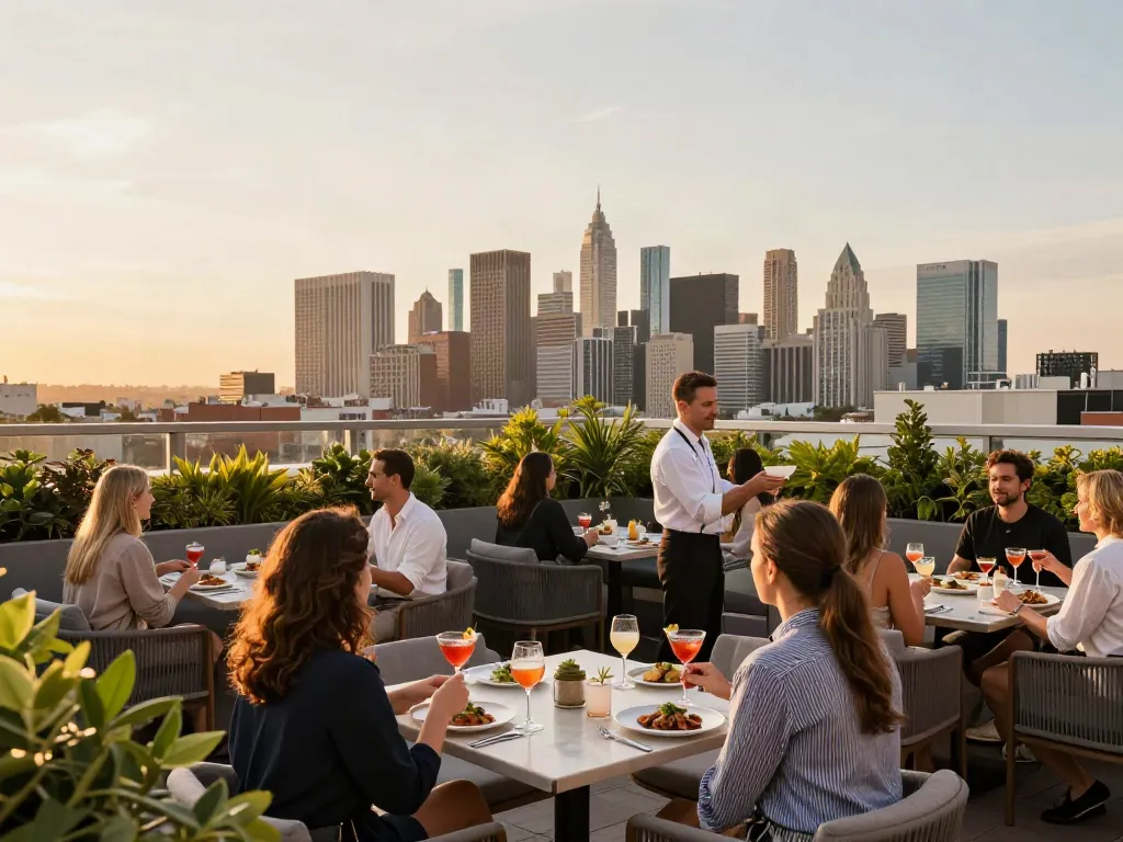 NoHu rooftop dining experience with skyline views during sunset