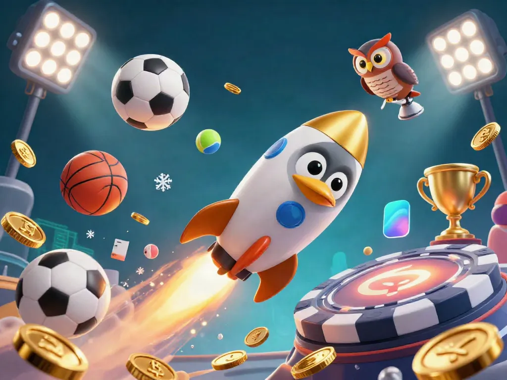 Experience the thrill of betting with 11bet through this dynamic illustration featuring a golden penguin and sports elements.