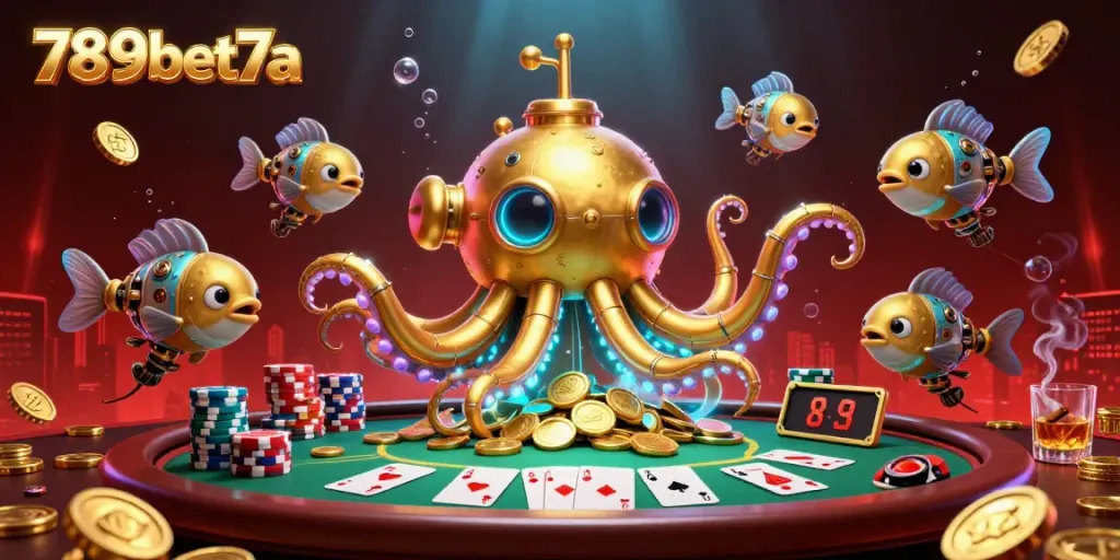 Engage with 789bet7a's thrilling poker scene featuring a golden kraken submarine amidst golden coins.