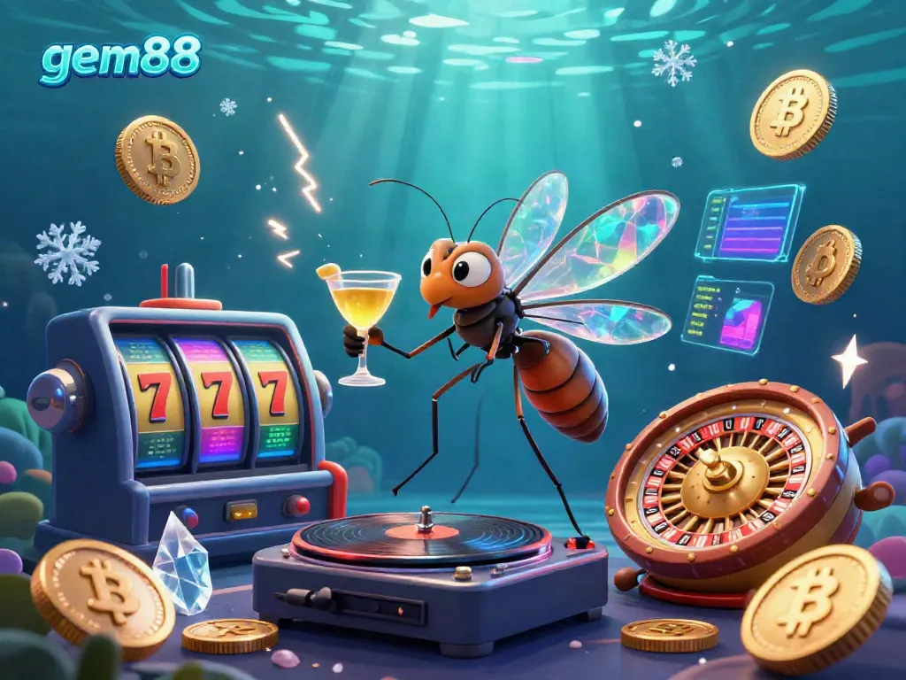 Experience the excitement of gem88 casino games with a vibrant scene featuring a frozen-in-amber mascot and classic gaming elements.