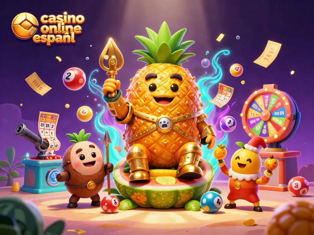 Explora el casino online español con un rey piña y diversión tropical en esta ilustración vibrante.