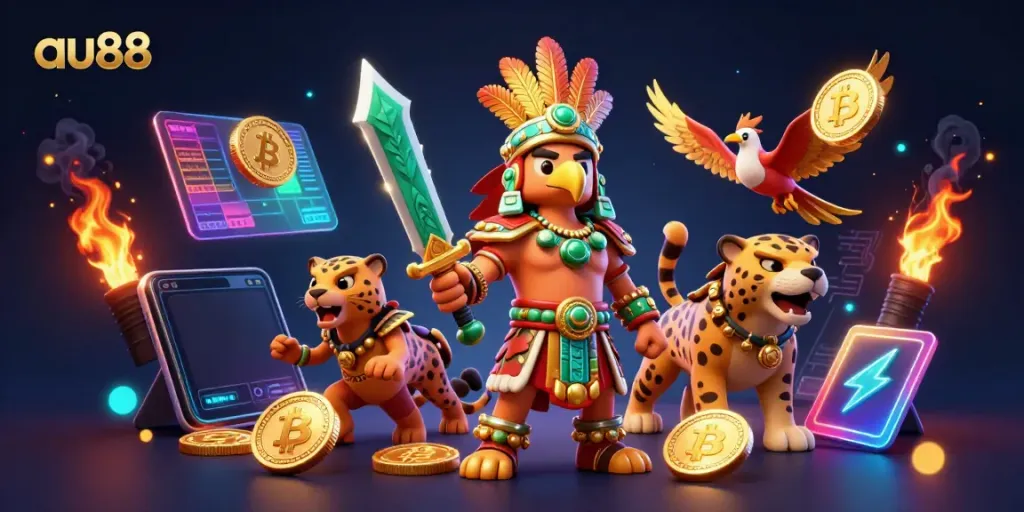 Experience thrilling casino action with au88 in a vibrant 3D warrior scene filled with blockchain elements.