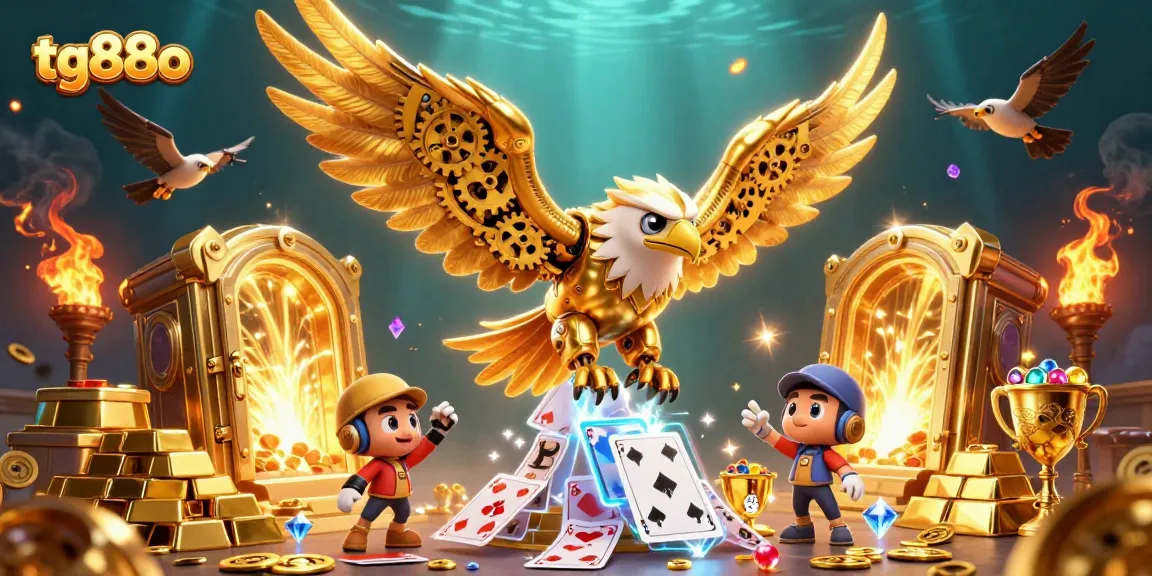Experience thrilling gameplay at tg88o with a cybernetic eagle amidst dazzling casino treasures.