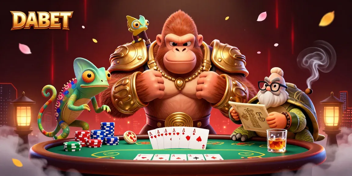DABET showcases an intense 3D casino scene featuring a powerful gorilla king, wise tortoise, and colorful chameleon amidst poker action.