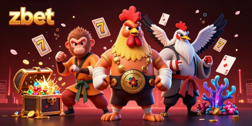 Engage with the thrill of zbet, featuring a Muay Thai rooster, martial artist monkey, and wise crane against a vivid casino backdrop.