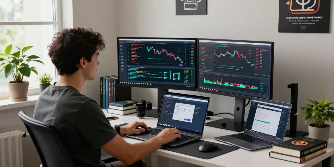 Developer analyzing Kyber-Swap trading data on multiple monitors in a modern tech workspace.