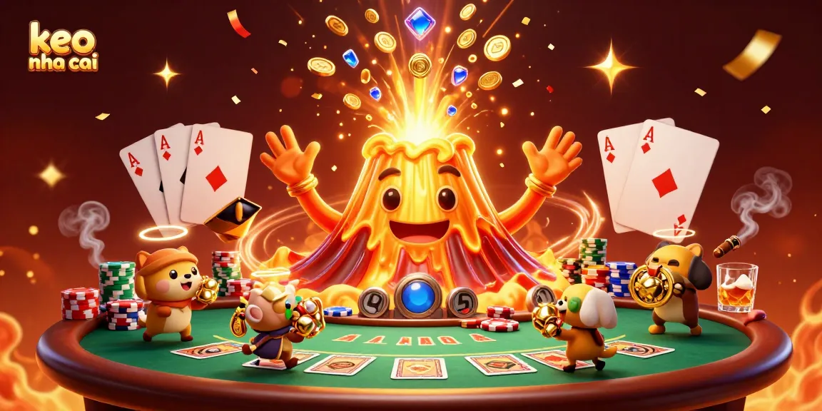 Experience the excitement of keo nha cai as golden treasures erupt from a volcanic casino scene.