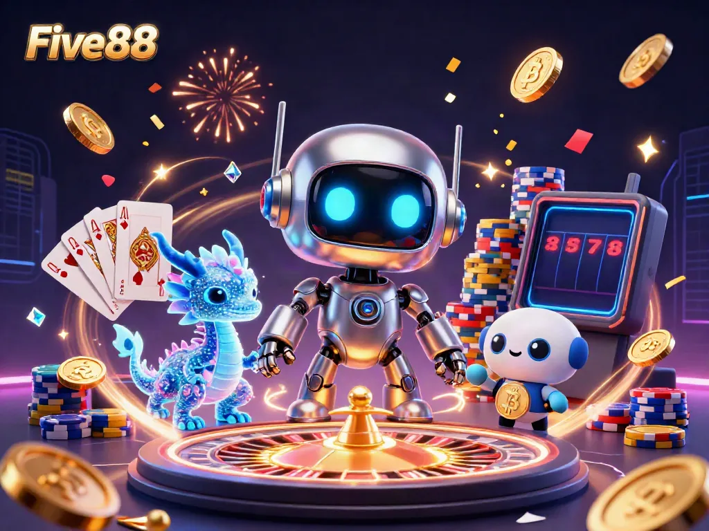 Engage with the vibrant world of Five88, featuring a cyberpunk robot, dragon companion, and bitcoin drone amidst floating casino elements.
