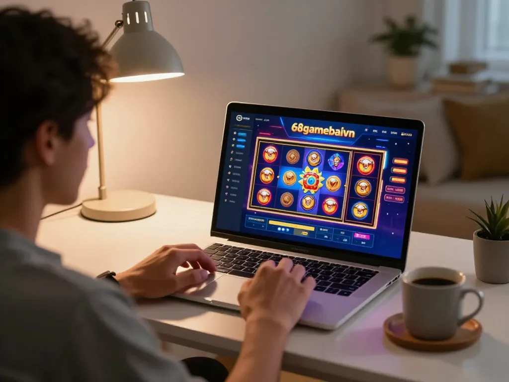 Engaging in vibrant online slots at 68gamebaivn with cozy home setup.
