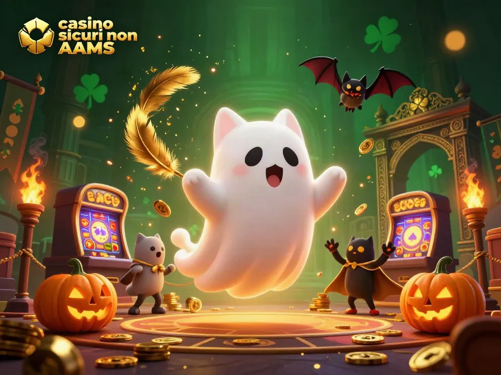 Gioca nei casinò sicuri non AAMS con la nostra illustrazione vivace di un felino fantasma e un pipistrello.
