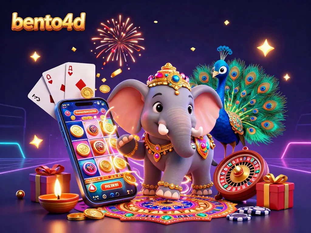 Bento4d gaming scene features a vibrant Diwali elephant with colorful slot games, lucky 7s, and dazzling elements.