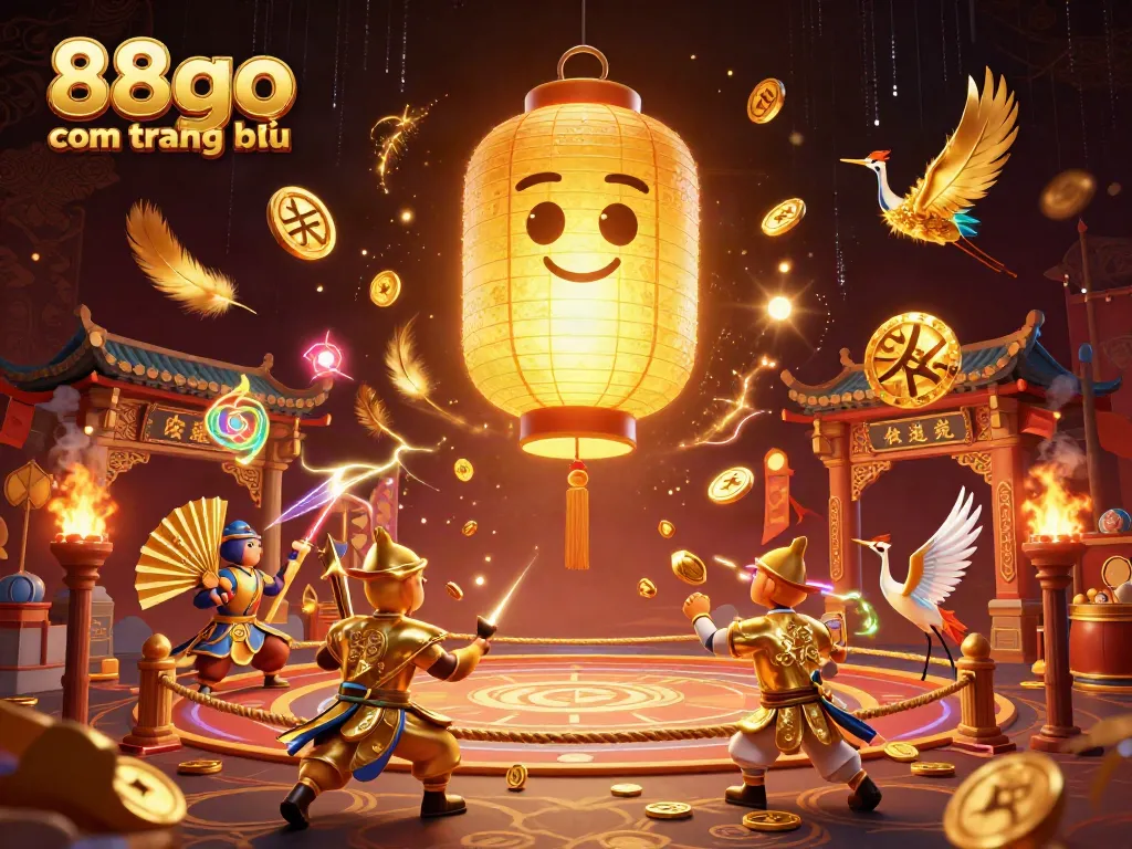 Immerse the world of 88go com trang chủ with vibrant casino adventure featuring glowing lantern spirit, golden warriors, and lucky symbols.