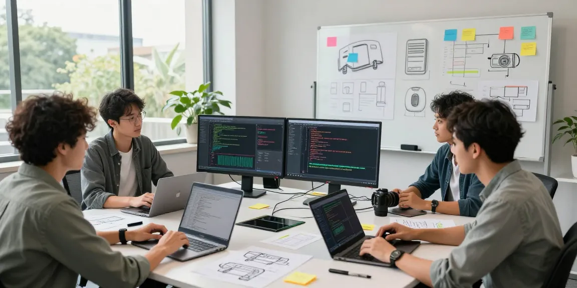 Collaboration scene showcasing a team building internal tools with AI in a modern office.