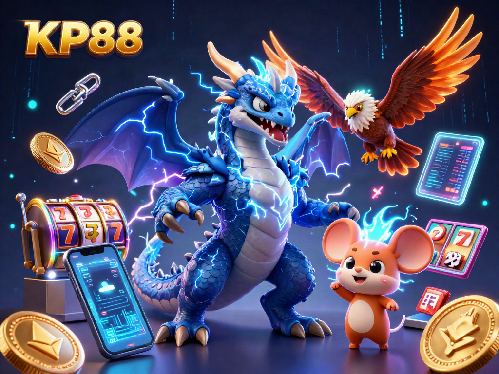 Experience thrilling KP88 slots with a dragon, hawk, and mouse amidst neon cryptocurrency elements.