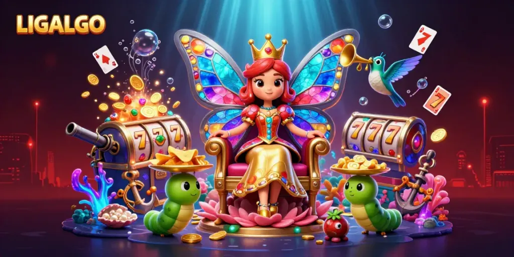 Experience the vibrant and dynamic LIGALGO gaming scene featuring a butterfly queen amidst spinning slot reels and treasures.