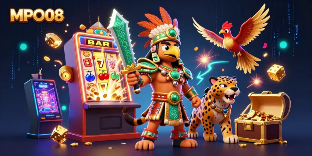 MPO08 casino scene featuring an Aztec warrior and slot machine jackpot explosion.