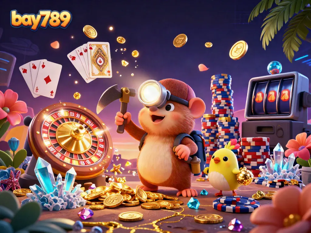 Engage in thrilling gameplay at bay789, where a treasure hunter mole and canary explore riches and casino elements.