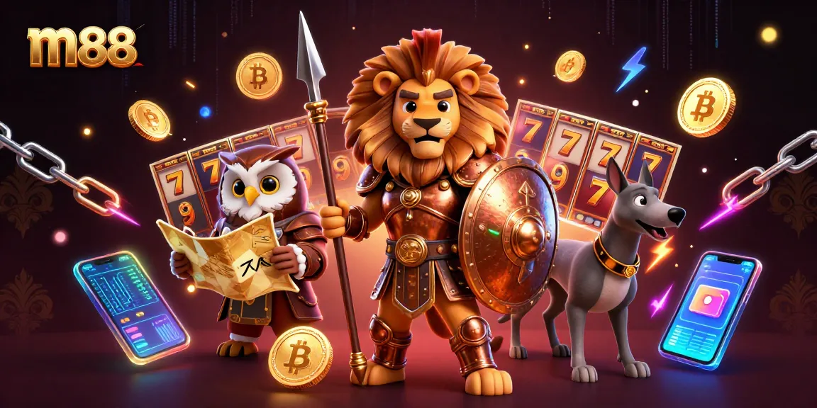 Win big at M88 with a dynamic casino-themed scene showcasing epic characters and vibrant slot game elements.