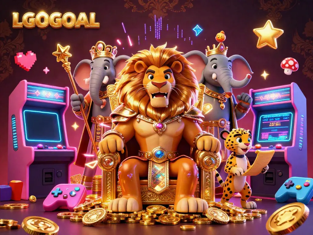 Experience the vibrant world of gaming with LGOGOAL featuring a royal lion king on a throne of gold coins amidst arcade machines.