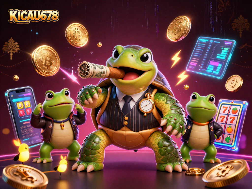 KICAU678 showcases a notably vibrant casino scene featuring a massive turtle mobster and slick bullfrog enforcers amid dynamic crypto elements.