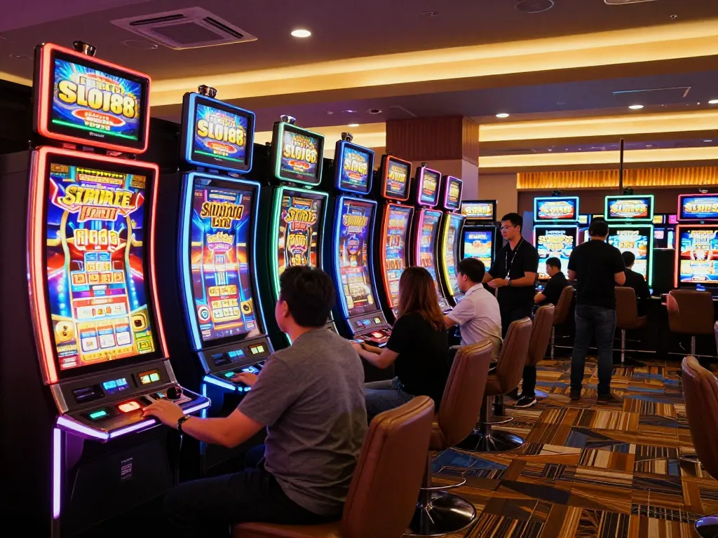 Players engaged at busy SLOT88 slot machine area, vibrant lights and excitement reflecting thrilling gaming experience