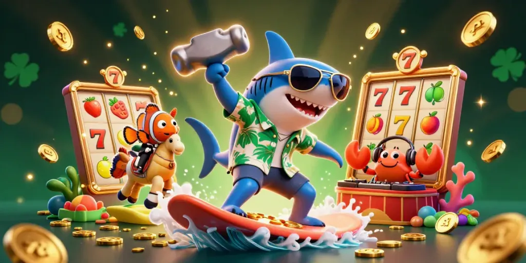 Experience thrilling สล็อต action with a cartoon shark surfing gold coins alongside fruit symbols and lively sea friends.