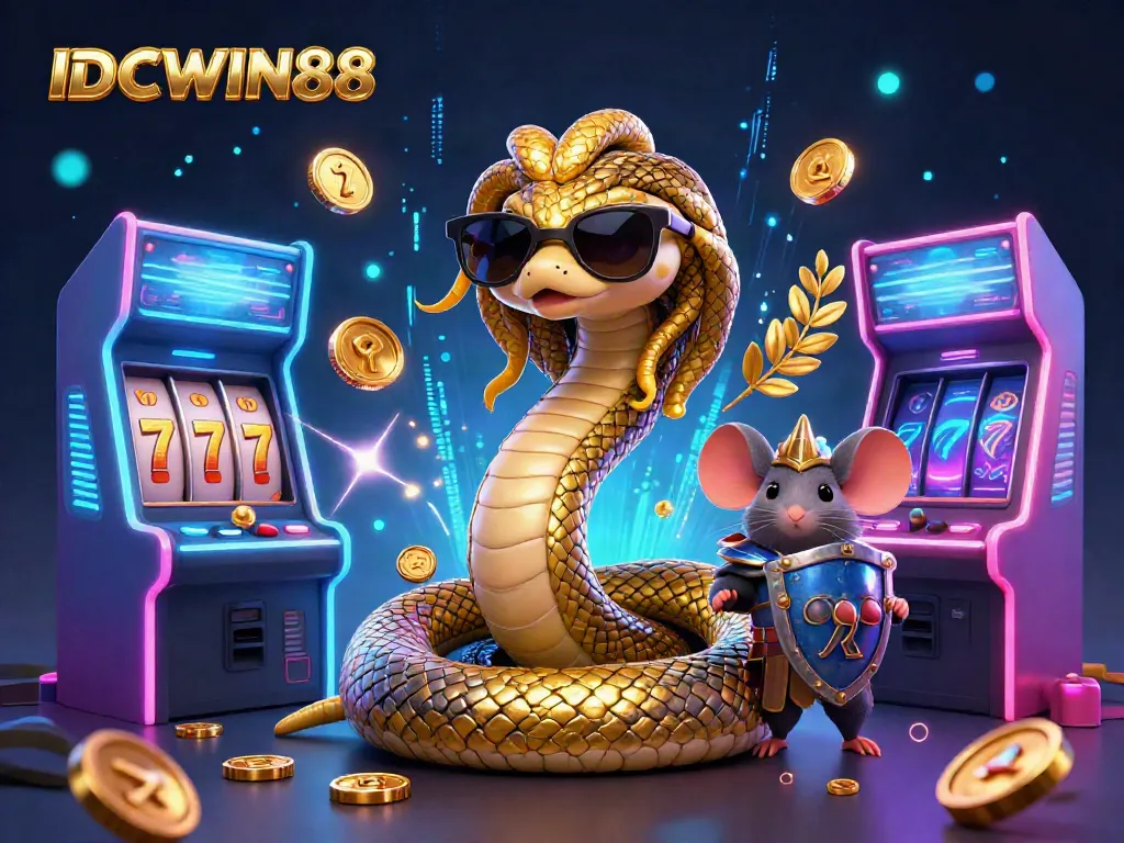 Experience winning spins at IDCWIN88 with playful characters and vibrant gaming elements in this lively illustration.
