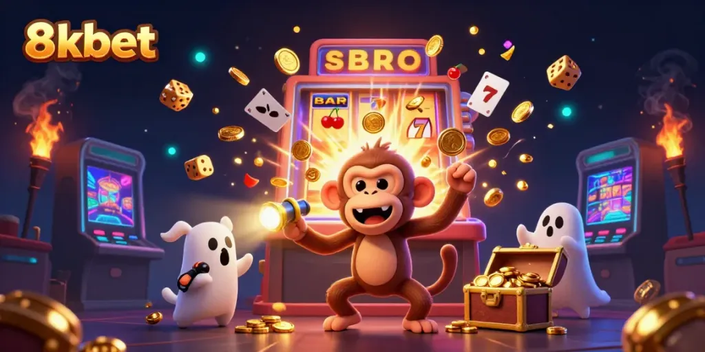 Experience the thrilling 8xbet environment with a playful monkey and a ghost-hunter puppy in a magical casino setting.