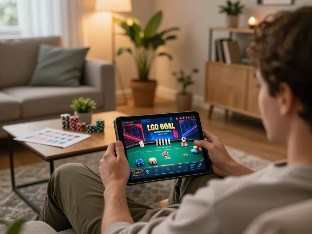 LGO GOAL gaming action displayed on a tablet as a player relaxes with poker strategy notes.