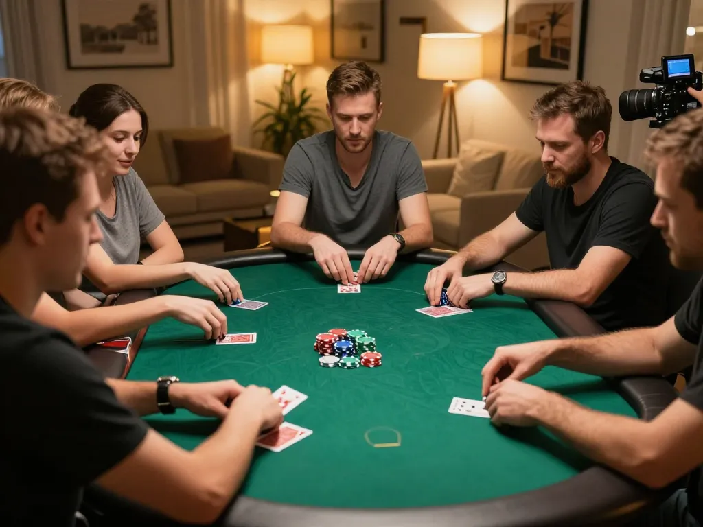 Take2 players experience thrilling poker action in a cozy home game setting.