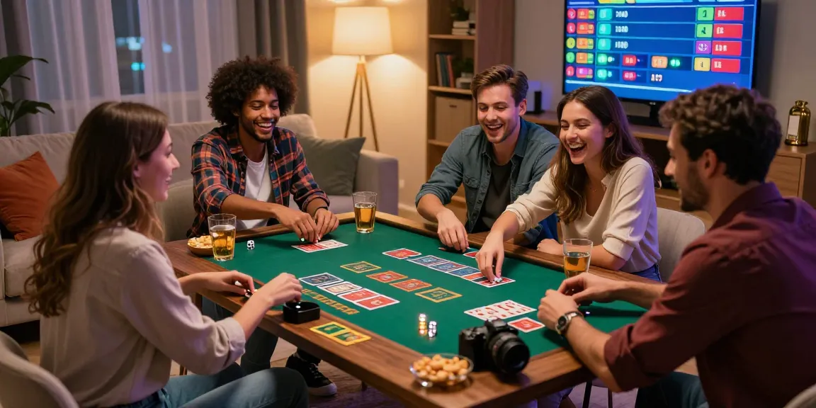 Friends enjoying a game night with gambling elements while discussing 먹튀스팟 tips.