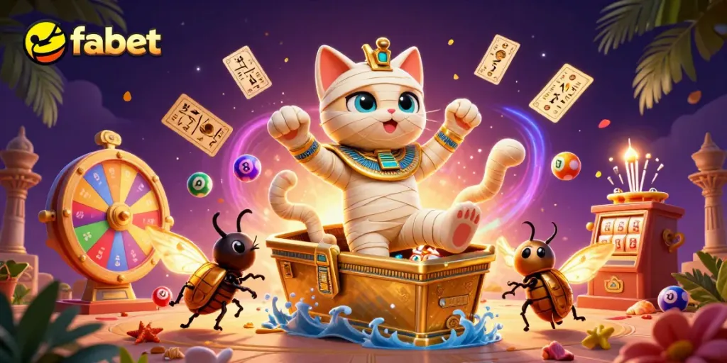 Experience fabet's vibrant gaming aura with a cartoon mummy cat and golden casino elements.