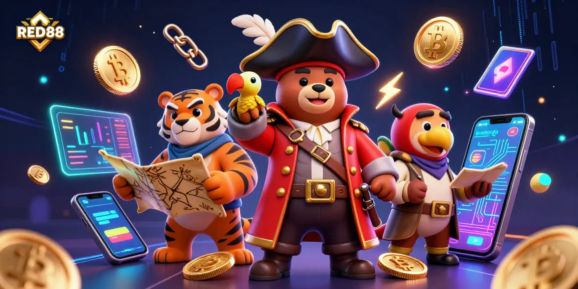Join the excitement at RED88 with a vibrant pirate-themed crypto casino illustration.