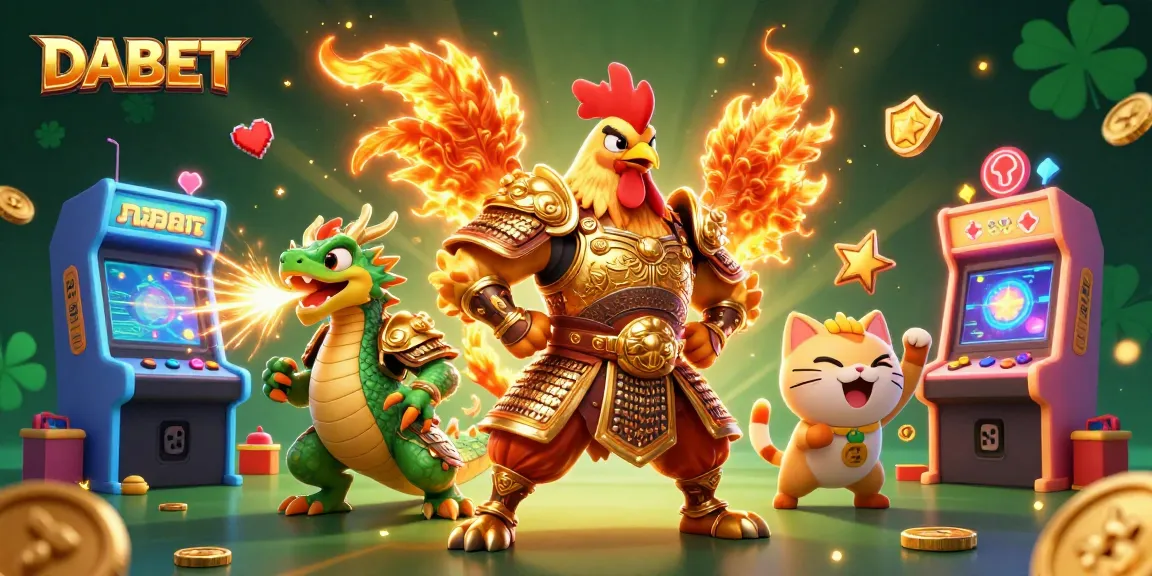 DABET invites players to join a vibrant casino adventure with a fighting rooster warrior and dragon hatchling.