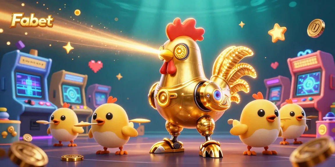 Fabet creates excitement with a golden rooster robot and playful drones captivating in a vivid casino scene.