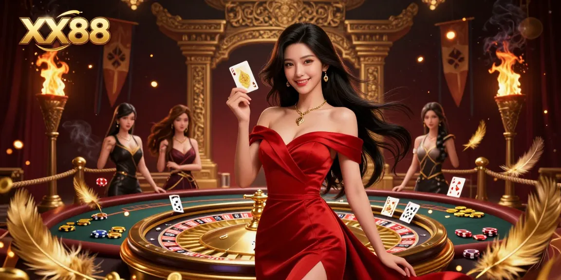Experience gaming action at XX88's dazzling roulette with a confident Asian dealer.