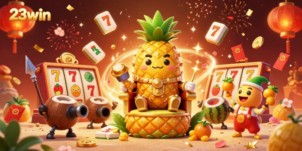 Experience the excitement of 23win's vibrant casino scene featuring a golden pineapple king and dynamic gaming elements.
