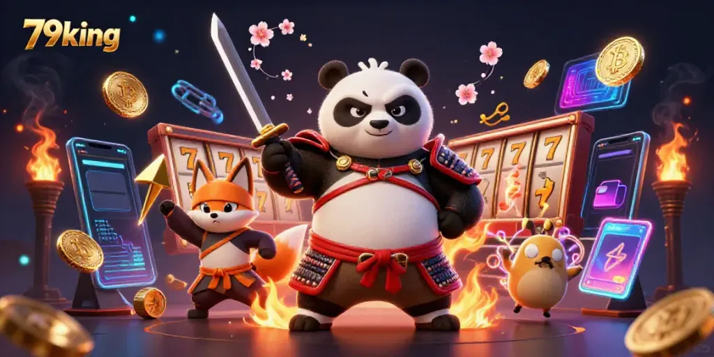 Experience thrilling gaming action with 79king as a samurai panda, ninja fox, and spirit tanuki embark on an adventure!